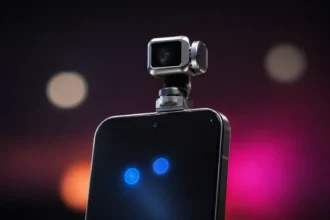 Primer plano del Honor Robot Phone mostrando su módulo de cámara robótica con brazo mecánico de titanio desplegado sobre la pantalla con dos círculos azules luminosos.