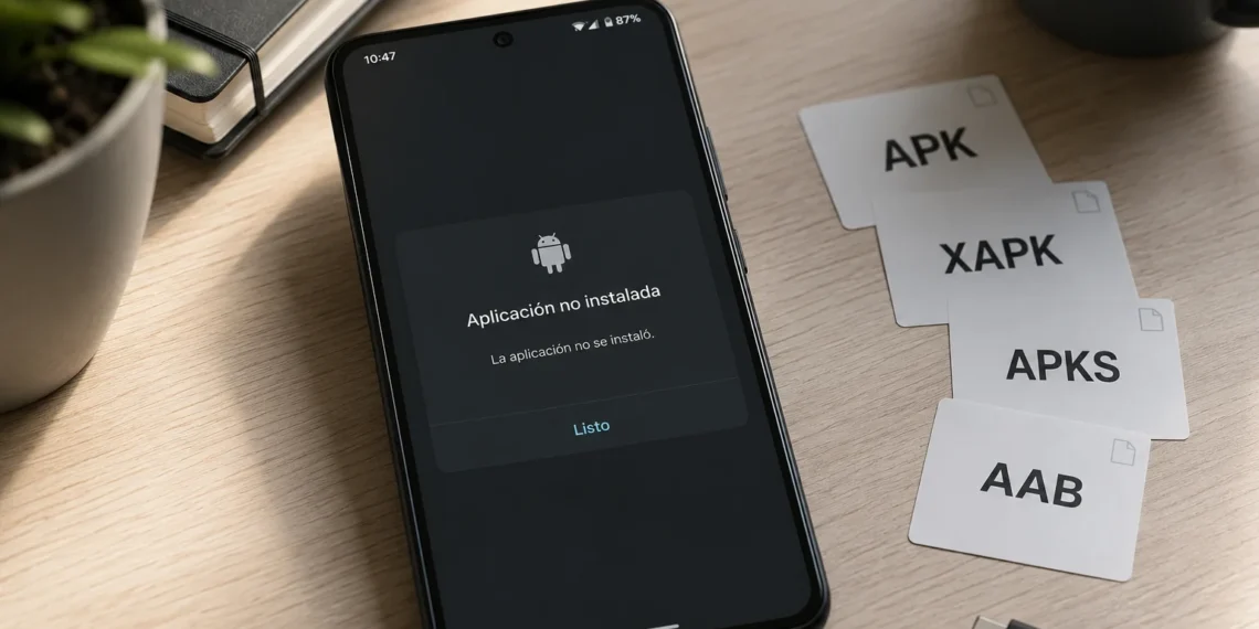 APK a XAPK y AAB: Por qué Android cambió la forma de instalar apps 1 Smartphone Android mostrando un error al instalar una aplicación junto a archivos APK, XAPK, APKS y AAB.