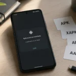Smartphone Android mostrando un error al instalar una aplicación junto a archivos APK, XAPK, APKS y AAB.