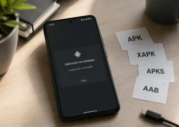 Smartphone Android mostrando un error al instalar una aplicación junto a archivos APK, XAPK, APKS y AAB.