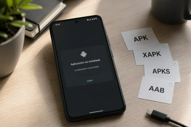 Smartphone Android mostrando un error al instalar una aplicación junto a archivos APK, XAPK, APKS y AAB.