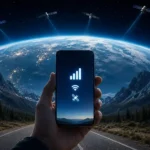 Mano sosteniendo un smartphone conectado a internet satelital global con satélites en órbita sobre la Tierra.