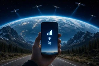 Mano sosteniendo un smartphone conectado a internet satelital global con satélites en órbita sobre la Tierra.
