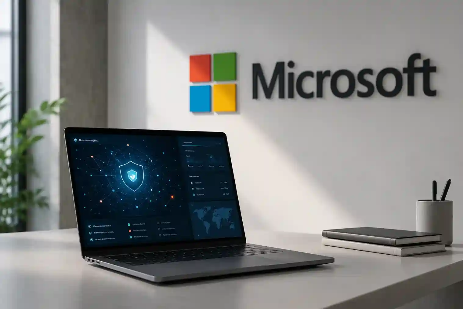 Computadora portátil sobre un escritorio con gráficos de ciberseguridad en la pantalla y el logotipo de Microsoft al fondo.