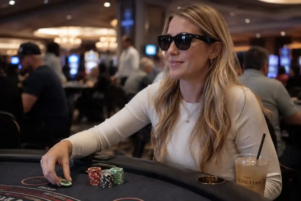 Ray-Ban Meta duplica ingresos pese al debate de privacidad 2 Una mujer rubia con camiseta blanca y gafas inteligentes Ray-Ban Meta negras apuesta fichas de póker en una mesa de juego dentro del casino The Venetian, con máquinas tragamonedas borrosas en el fondo.