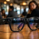 Primer plano detallado de las gafas inteligentes Ray-Ban Meta sobre una mesa de madera, con una mujer y clientes difuminados en el fondo de una cafetería, simbolizando el auge de ventas y la controversia por grabaciones en espacios públicos.