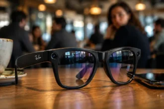 Primer plano detallado de las gafas inteligentes Ray-Ban Meta sobre una mesa de madera, con una mujer y clientes difuminados en el fondo de una cafetería, simbolizando el auge de ventas y la controversia por grabaciones en espacios públicos.