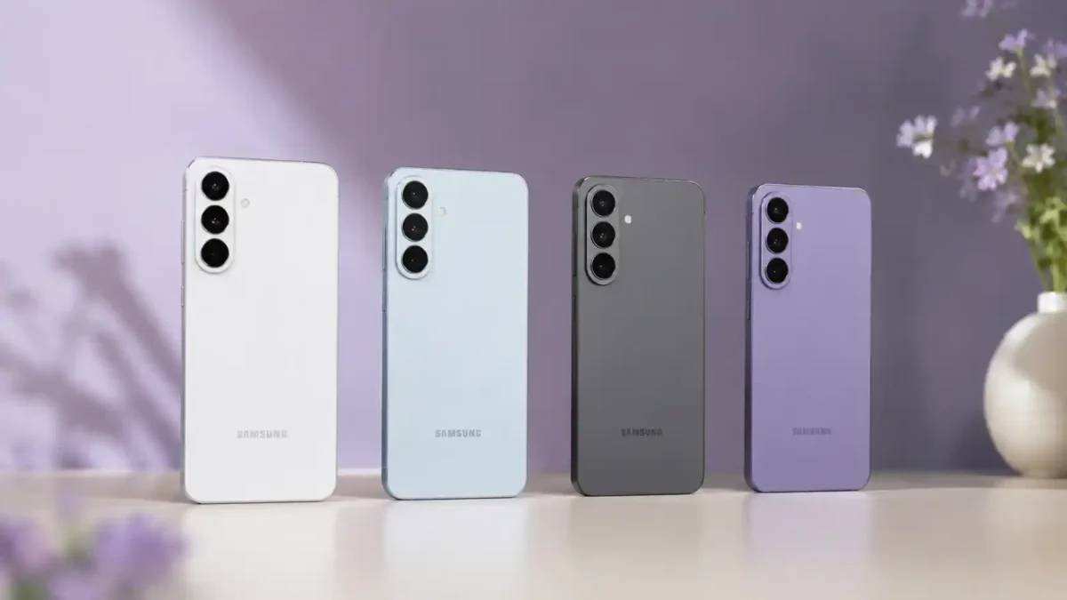 Cuatro opciones de color del Samsung Galaxy S26 FE alineados mostrando su parte trasera en blanco, azul claro, gris oscuro y morado.