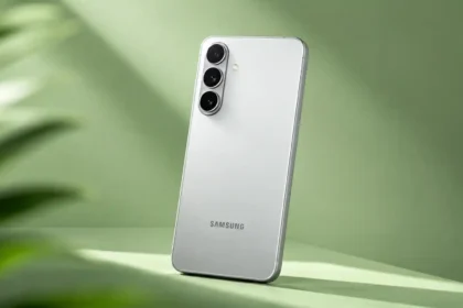 Vista trasera del Samsung Galaxy S26 FE en color blanco sobre un fondo verde claro, mostrando su diseño con triple cámara alineada verticalmente.