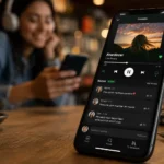 Teléfono móvil mostrando la nueva interfaz de notas de usuario en una canción de Spotify con comentarios de amigos sobre fondo de una mujer escuchando música.