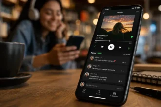 Teléfono móvil mostrando la nueva interfaz de notas de usuario en una canción de Spotify con comentarios de amigos sobre fondo de una mujer escuchando música.