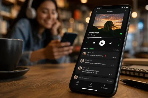Teléfono móvil mostrando la nueva interfaz de notas de usuario en una canción de Spotify con comentarios de amigos sobre fondo de una mujer escuchando música.