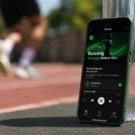 Teléfono móvil con la aplicación Spotify abierta mostrando una lista de reproducción "Running Powered by AI" en una pista de atletismo con un corredor de fondo.