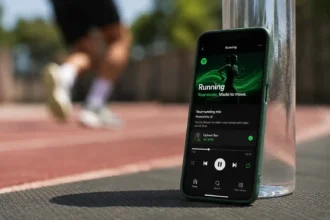 Teléfono móvil con la aplicación Spotify abierta mostrando una lista de reproducción "Running Powered by AI" en una pista de atletismo con un corredor de fondo.