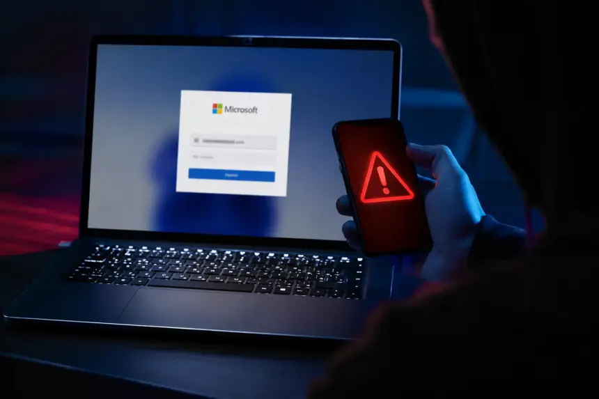 Portátil con pantalla de login de Microsoft y smartphone con icono de alerta roja, ilustrando el phishing de consentimiento en Microsoft 365.