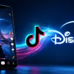 Smartphone mostrando un vídeo corto estilo TikTok con un castillo Disney, junto a los logos de TikTok y Disney+ unidos por un remolino de luz