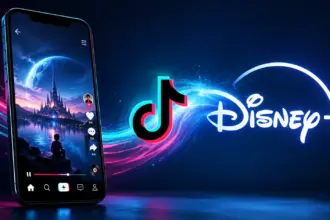 Smartphone mostrando un vídeo corto estilo TikTok con un castillo Disney, junto a los logos de TikTok y Disney+ unidos por un remolino de luz