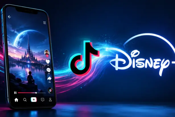 Smartphone mostrando un vídeo corto estilo TikTok con un castillo Disney, junto a los logos de TikTok y Disney+ unidos por un remolino de luz