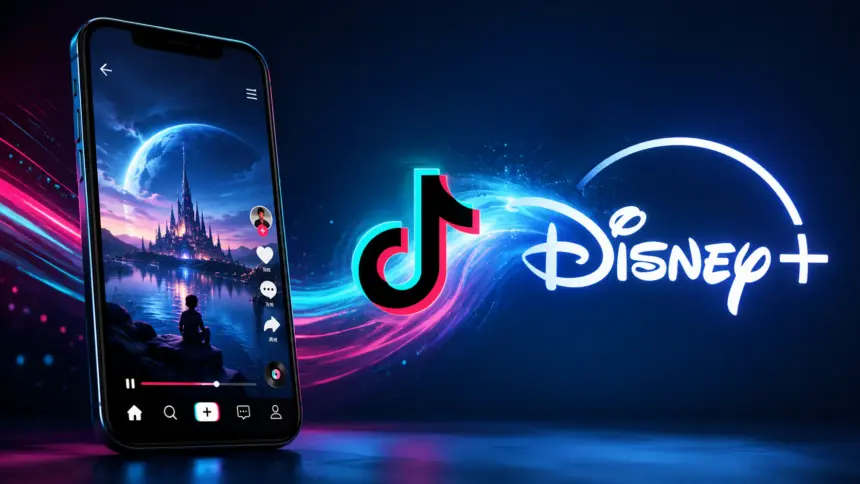 Smartphone mostrando un vídeo corto estilo TikTok con un castillo Disney, junto a los logos de TikTok y Disney+ unidos por un remolino de luz