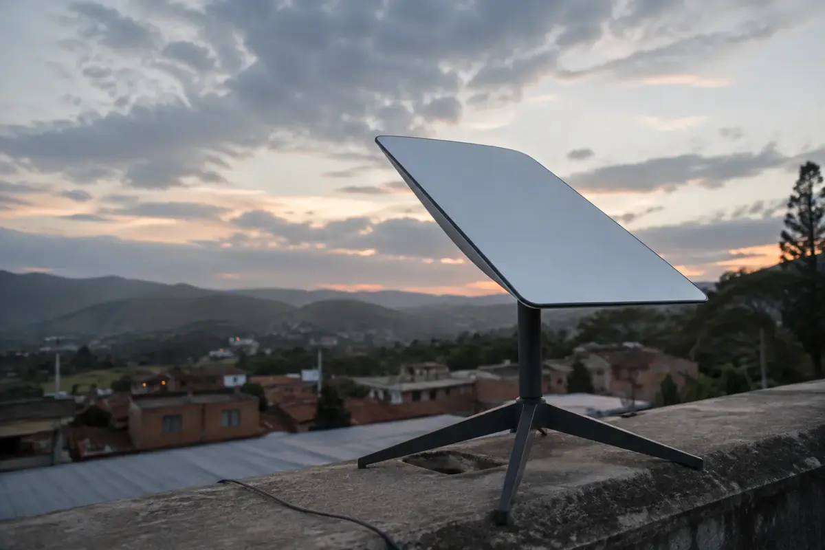 Antena de Starlink instalada sobre un muro de concreto durante el atardecer, con montañas y techos de un pueblo colombiano de fondo
