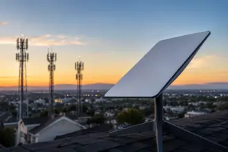 Antena Starlink sobre el techo de una vivienda con torres de telefonía celular tradicional al fondo durante el atardecer, simbolizando la competencia con AT&T, Verizon y T-Mobile