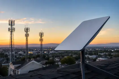 Antena Starlink sobre el techo de una vivienda con torres de telefonía celular tradicional al fondo durante el atardecer, simbolizando la competencia con AT&T, Verizon y T-Mobile