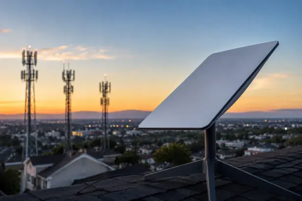 Antena Starlink sobre el techo de una vivienda con torres de telefonía celular tradicional al fondo durante el atardecer, simbolizando la competencia con AT&T, Verizon y T-Mobile