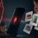 Persona hablando cerca de un celular con micrófono activado que muestra anuncios de comida y juguetes para gatos