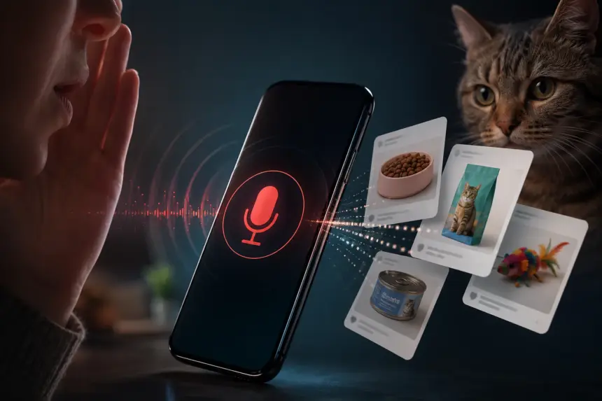 Persona hablando cerca de un celular con micrófono activado que muestra anuncios de comida y juguetes para gatos