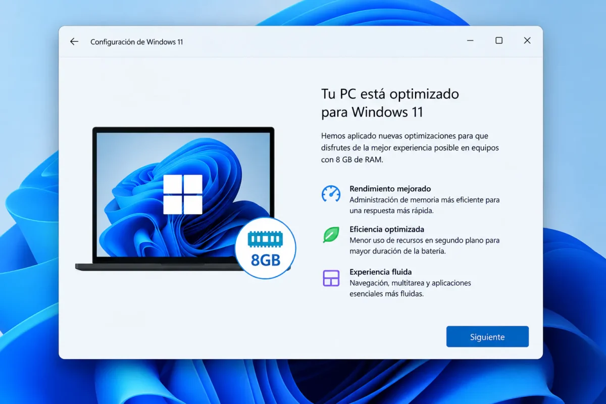 Ilustración representativa de la configuración de Windows 11 mostrando una pantalla con optimizaciones para ordenadores con 8 GB de RAM. No corresponde a una captura oficial de Microsoft.
