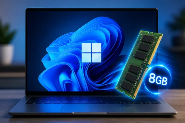 Portátil con Windows 11 junto a un módulo de memoria RAM, representando las nuevas optimizaciones de Microsoft para mejorar el rendimiento en equipos con 8 GB de RAM.