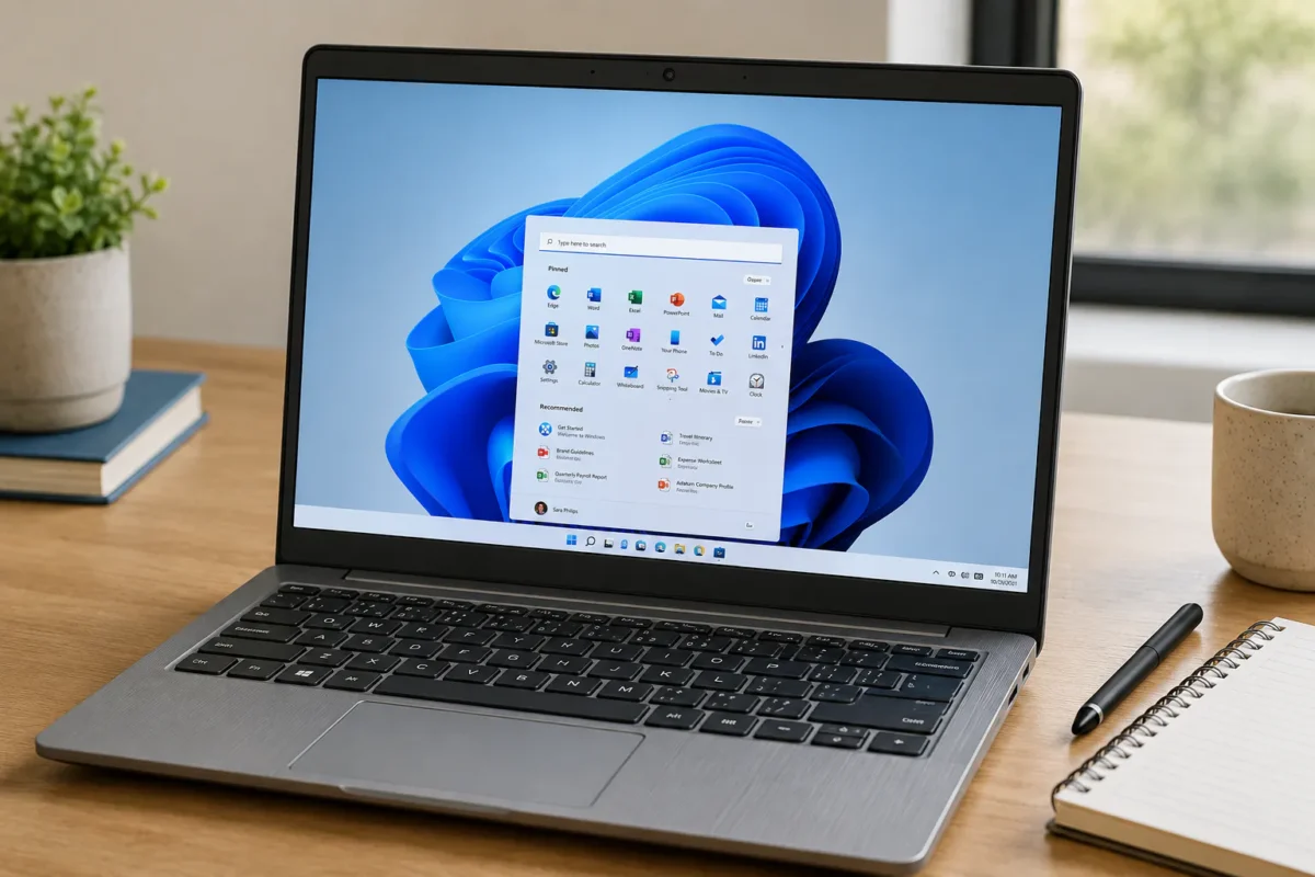 Laptop económica de gama de entrada con Windows 11 en funcionamiento sobre un escritorio.