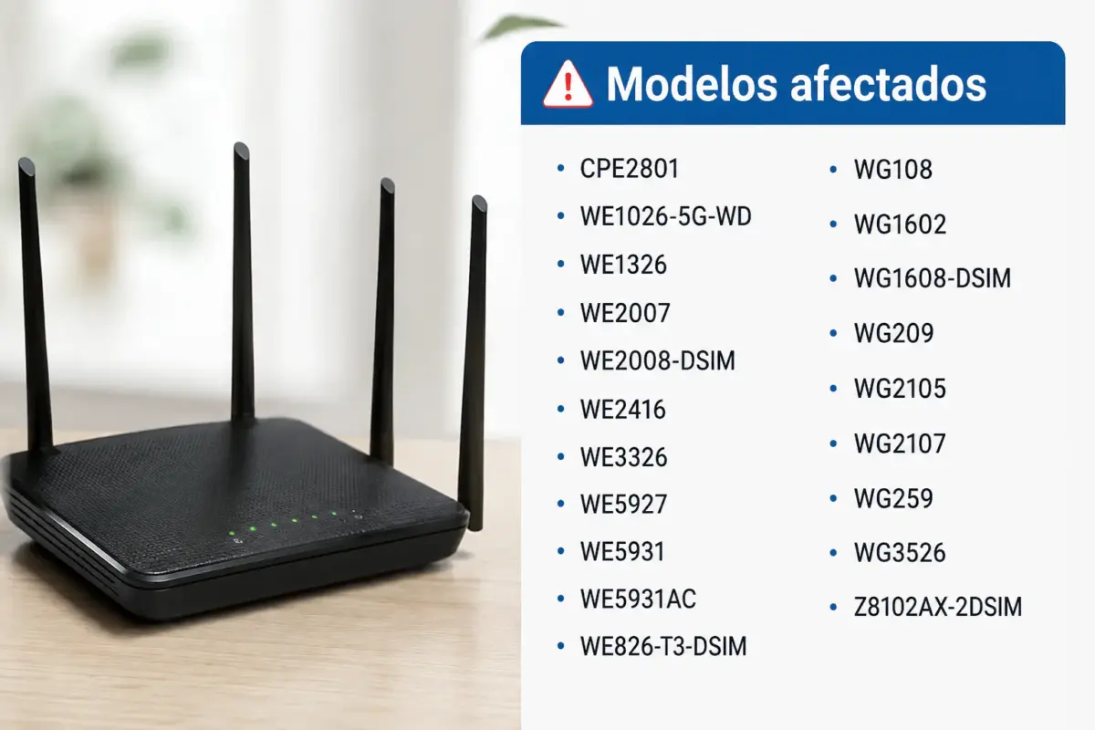 Infografía con un router doméstico y el listado completo de los 20 modelos de routers Zbtlink afectados por el backdoor Endlessdoors.