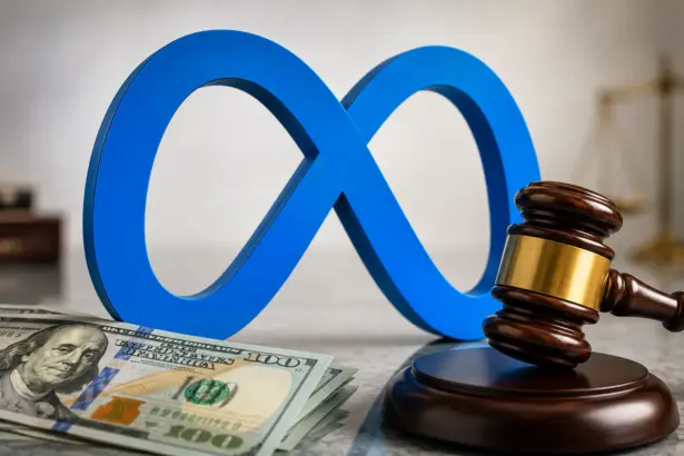 El logo de Meta en 3D junto a un mazo de juez y billetes de 100 dólares, símbolo de la multa impuesta a la empresa en Nuevo México