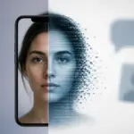 Rostro de una mujer dividido entre imagen real y reconstrucción en píxeles, representando el riesgo de los deepfakes en la evidencia digital.