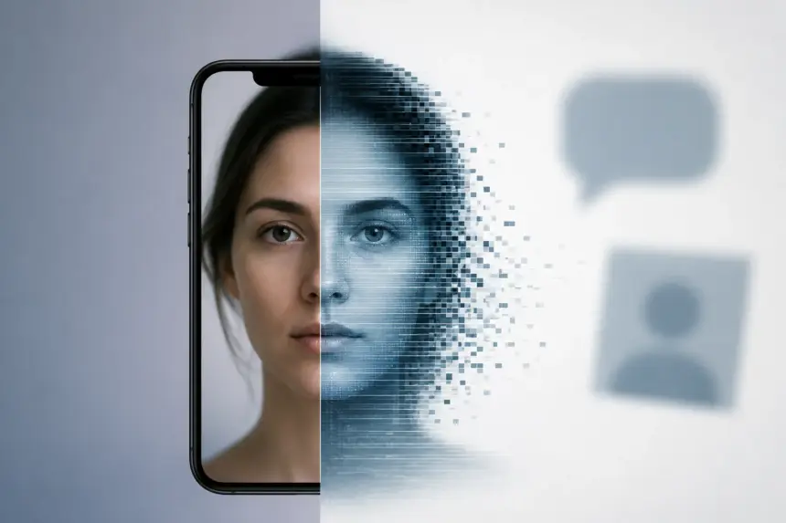 Rostro de una mujer dividido entre imagen real y reconstrucción en píxeles, representando el riesgo de los deepfakes en la evidencia digital.