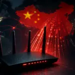 Router con antenas en primer plano y flujo de datos rojo conectándolo con el mapa de China, ilustrando el backdoor hallado en routers Zbtlink.