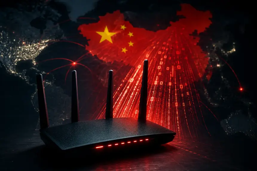 Router con antenas en primer plano y flujo de datos rojo conectándolo con el mapa de China, ilustrando el backdoor hallado en routers Zbtlink.