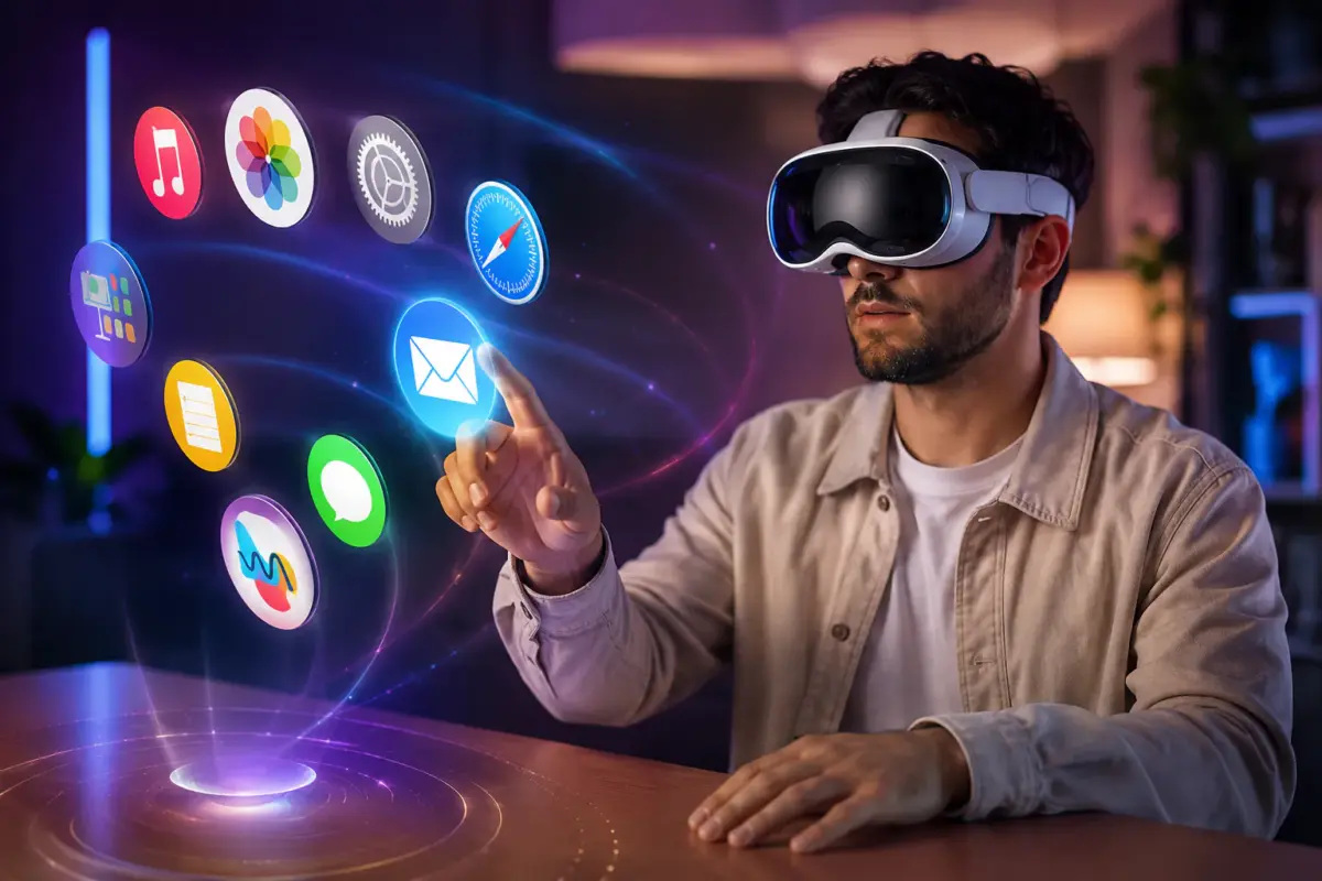 Por qué las gafas de Apple copiarán la jugada de los AirPods 2 Hombre usando un Apple Vision Pro que proyecta iconos de aplicaciones flotantes, el visor que antecede a las gafas inteligentes de Apple