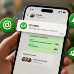 Mano sosteniendo un smartphone con la función @todos de WhatsApp activa en un chat grupal familiar, mostrando una encuesta y un subgrupo creado.