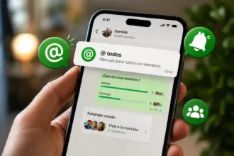 Mano sosteniendo un smartphone con la función @todos de WhatsApp activa en un chat grupal familiar, mostrando una encuesta y un subgrupo creado.