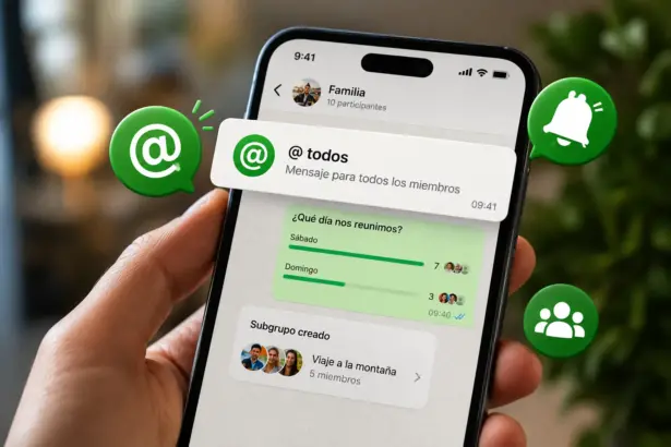 Mano sosteniendo un smartphone con la función @todos de WhatsApp activa en un chat grupal familiar, mostrando una encuesta y un subgrupo creado.