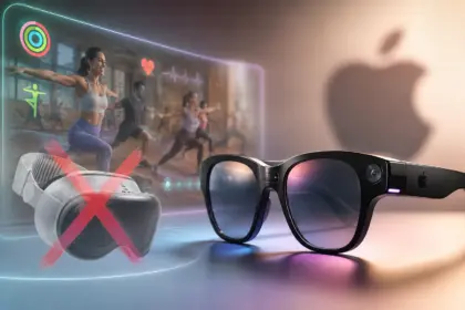 Gafas inteligentes de Apple junto a un Vision Pro tachado con una clase de fitness proyectada de fondo